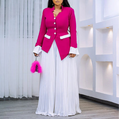 BS -  ensemble élégant  femme manches évasées bouton Blazer chemise + pantalon Long plissé costume Streetwear deux 2 pièces ensemble afrique OL tenues