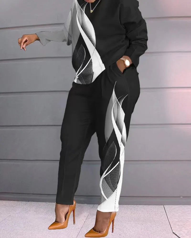 Ensemble deux pièces imprimé pour femmes, t-shirt à manches longues, col rond, chemise épissure, taille haute, costumes pour dame de bureau, automne