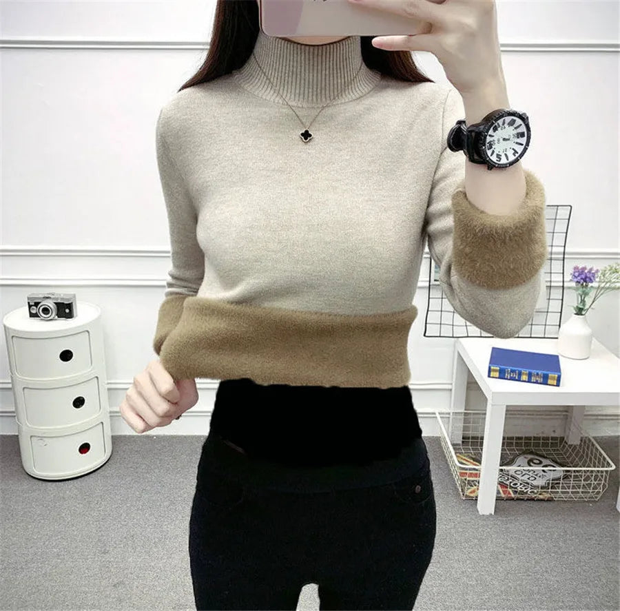 Pull Slim à Demi-Col Roulé pour Femme, Tricot Doublé de Velours, Chaud, Épais, en Jersey Doux, Collection Hiver