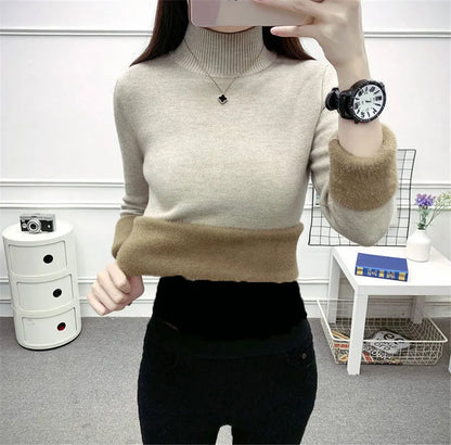 Pull Slim à Demi-Col Roulé pour Femme, Tricot Doublé de Velours, Chaud, Épais, en Jersey Doux, Collection Hiver
