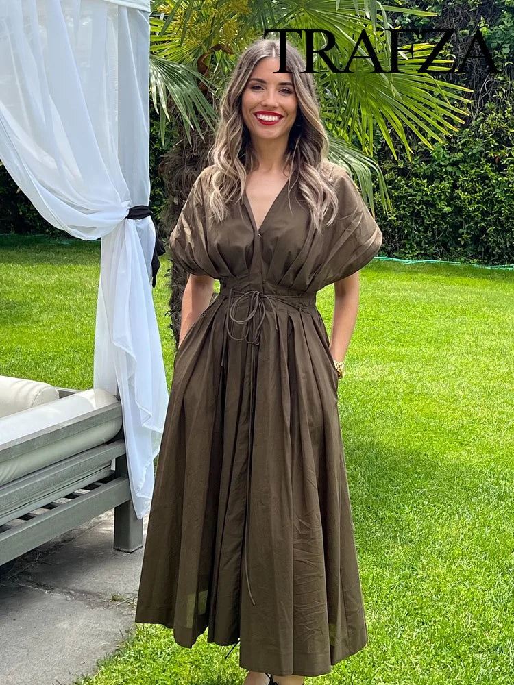 TRAFZA femmes mode d'été col en v à lacets Midi robe à manches courtes femme élégante dos nu plissé Sexy taille longue robe
