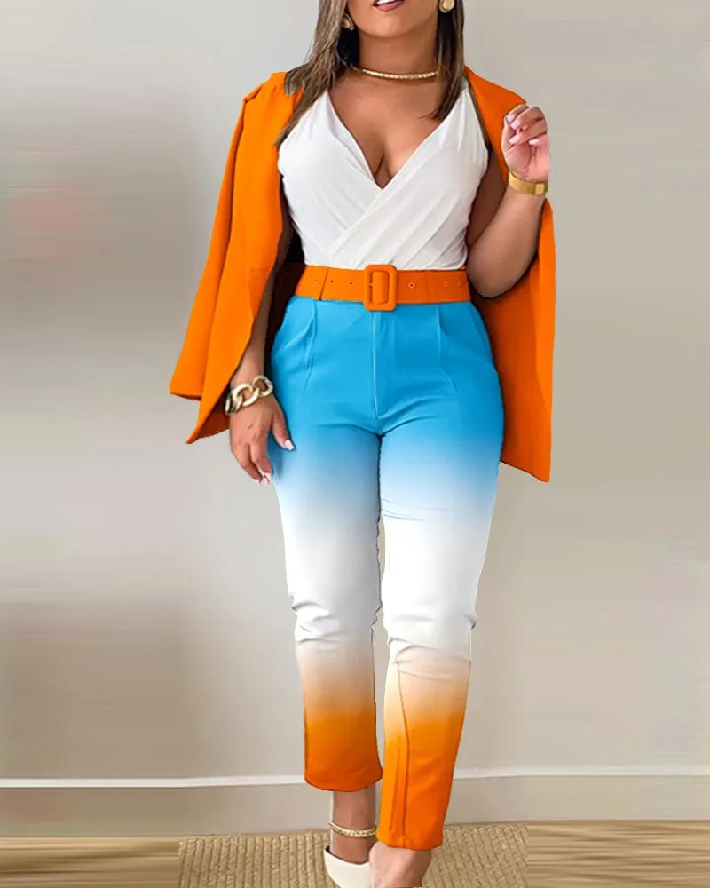 Ensemble de travail deux pièces avec ceinture pour femme, blazer à col à revers, manteau cardigan, pantalon, lettre imprimée, mode, bureau imbibé, automne, hiver