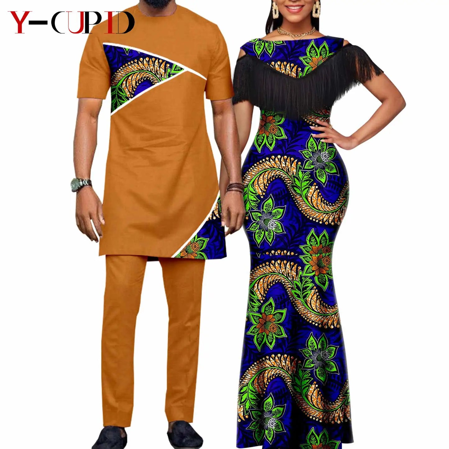 Robes africaines pour femmes, tenues de Couple assorties, Bazin Riche Dashiki, Slim, imprimé pompon, longues robes de fête Y23C009