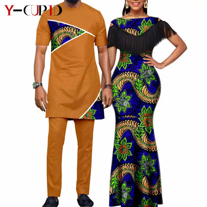 Robes africaines pour femmes, tenues de Couple assorties, Bazin Riche Dashiki, Slim, imprimé pompon, longues robes de fête Y23C009
