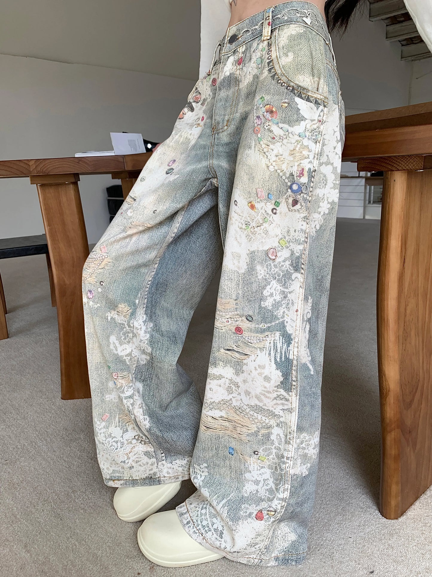 Jeans baggy gris pour femmes, diamants décoratifs Y2K, rue haute, fjHarajuku, style fille chaude des années 2000, pantalons rétro, vêtements