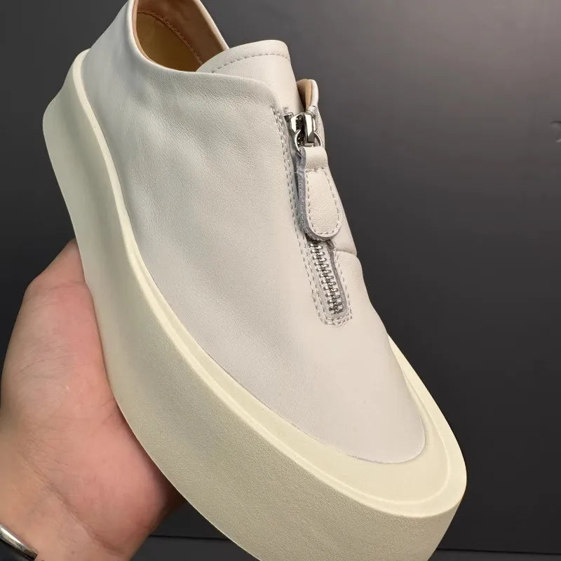 Mocassins à fermeture éclair pour hommes, cuir de vachette véritable, chaussures décontractées, baskets d'extérieur vintage, chaussures de skateboard, plate-forme optique, mode