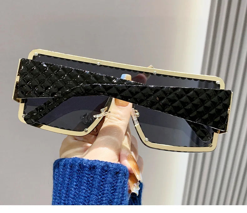 Lunettes de soleil une pièce pour femmes, grande monture rectangulaire incrustée de diamants, avec diamants d'eau