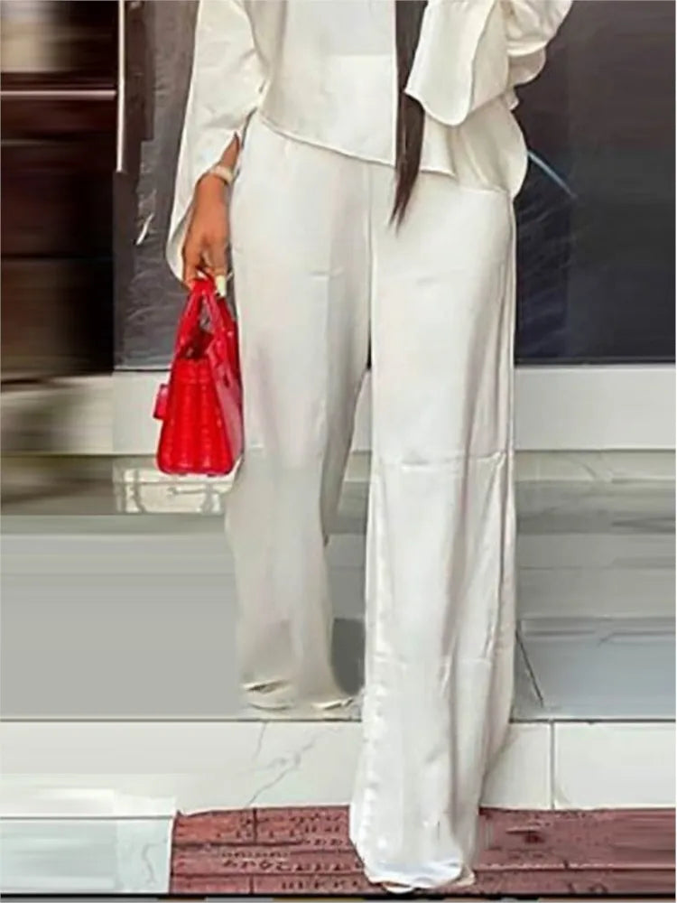 Ensemble Deux Pièces Élégant pour Femme, Couleur Unie, Manches Évasées, Sexy, Blouse, Haut + Pantalon à Jambes Larges, Costumes à la Mode, Automne