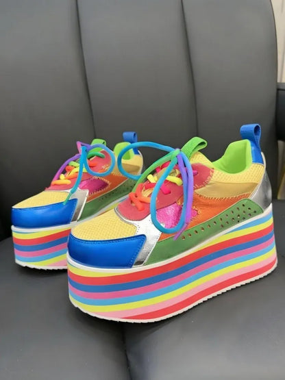 Style de loisirs dames couleur arc-en-ciel maille bout rond plate-forme croisée talons hauts chaussures respirant couleurs mélangées pompes de mode