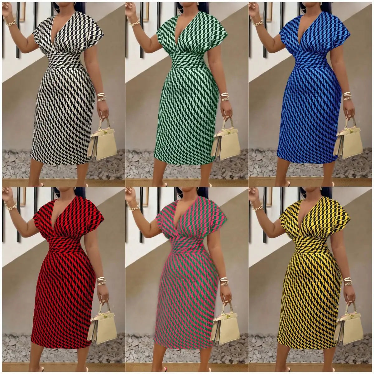 Robe mi-longue Sexy pour femmes, col en V profond, paquet de hanches, élégante, mode imprimée, manches courtes, taille haute, Slim, printemps été