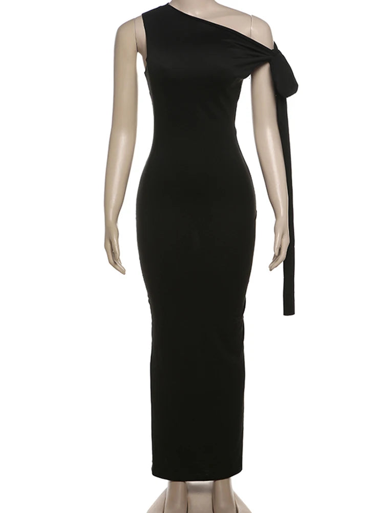 Bizarre chat une épaule robe femme été Sexy solide élégant noeud pansement sans manches moulage Simple fête maigre robes