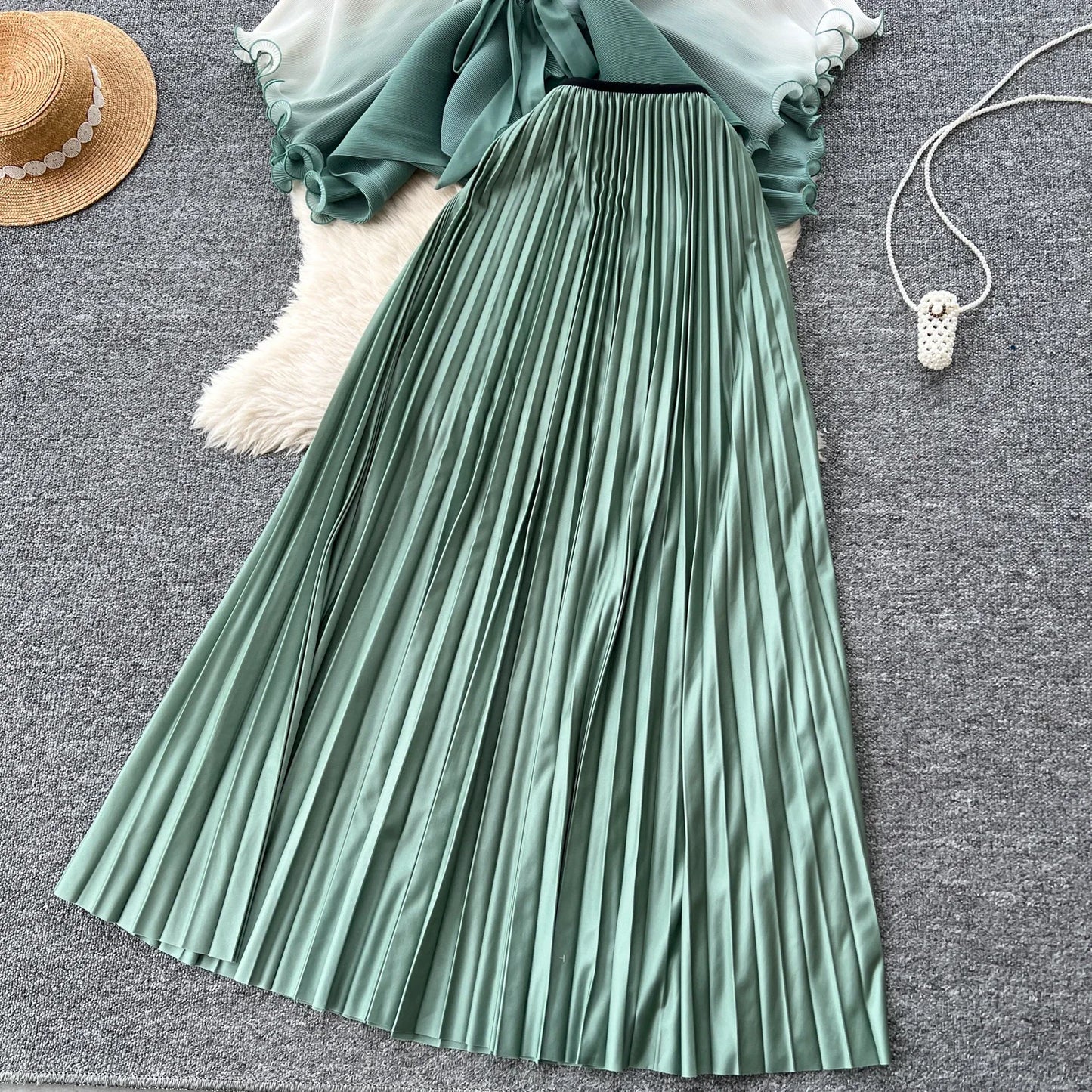 Miyake pli changement progressif couleur bord ondulé costume soleil jupe plissée à la mode et élégant deux pièces ensembles tenues pour femmes