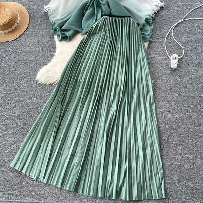 Miyake pli changement progressif couleur bord ondulé costume soleil jupe plissée à la mode et élégant deux pièces ensembles tenues pour femmes