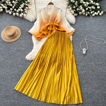 Miyake pli changement progressif couleur bord ondulé costume soleil jupe plissée à la mode et élégant deux pièces ensembles tenues pour femmes