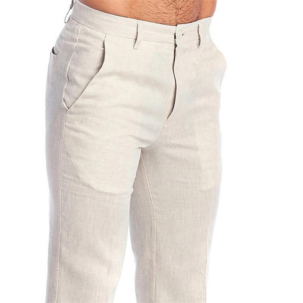 Pantalon en coton et lin pour hommes, Long, décontracté, élégant, taille moyenne, couleur unie, Slim Fit, fermeture éclair, bouton volant