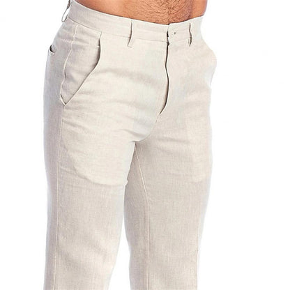 Pantalon en coton et lin pour hommes, Long, décontracté, élégant, taille moyenne, couleur unie, Slim Fit, fermeture éclair, bouton volant