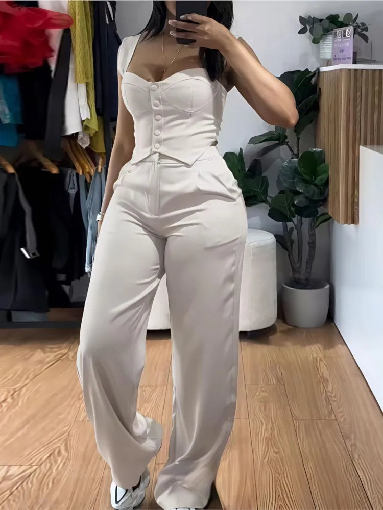 Ensemble deux pièces débardeur sans manches pour femmes, gilet court d'été décontracté, haut Slim et pantalon à jambes larges, costume de bureau élégant