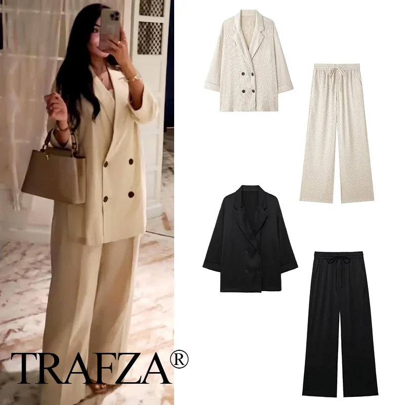 TRAFZA 2025 femmes pantalons décontractés ensemble taille haute pantalon à jambes larges + solide Beige ample glace soie Double boutonnage chemise hauts 2025 à la mode