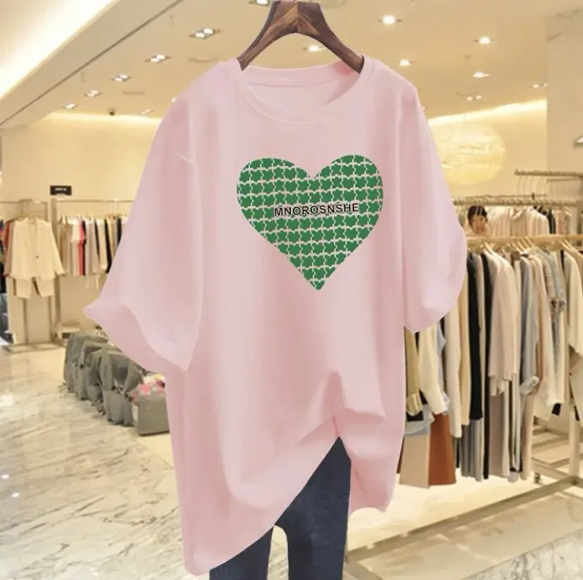 T-shirt à manches courtes en coton imprimé Love pour femmes, t-shirts basiques décontractés à col rond, pulls Lady At, été