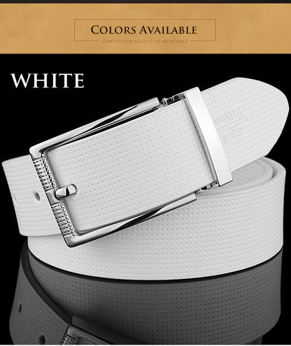 Ceintures de styliste décontractées à boucle ardillon pour hommes, en cuir véritable, 3.3cm de large, marque célèbre de luxe, jeans pour étudiants, cintos masculinos blancs B78