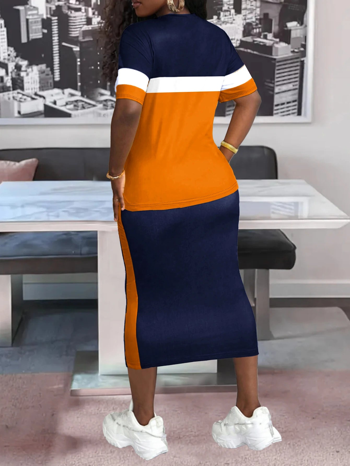 Ensemble demi-jupe d'été pour femmes, deux pièces, manches courtes, rayures latérales, ceinture de taille réglable, ample, décontracté, respirant, polyvalent