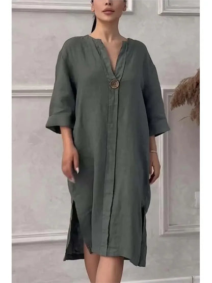 Robe longue en lin à manches longues pour femmes, robes élégantes, robe éducative, été décontracté, monochromatique, fête de documents, Y2K, été 2024