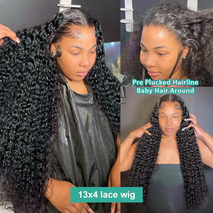 Perruque Lace Front Wig Naturelle Bouclée, Cheveux Humains, Deep Wave, 13x4 HD, 13x6, 30 32 Pouces, Pre-Plucked, pour Femme