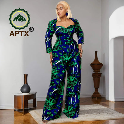 Ensemble deux pièces imprimé africain Ankara pour femmes, haut à manches neuf quarts et pantalon longueur au sol, ensemble décontracté Dashiki avec boucles d'oreilles