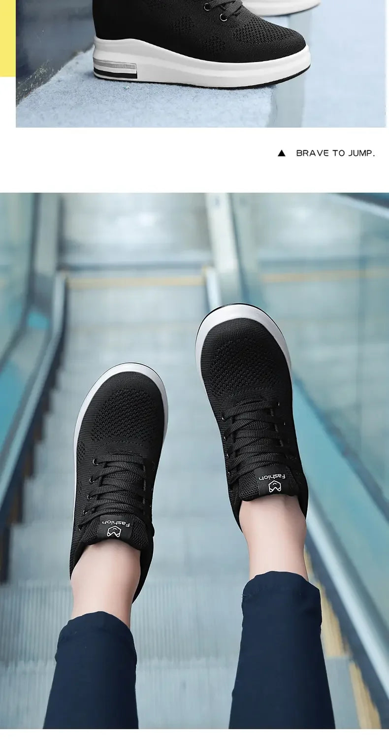 Chaussures plates en maille à semelles épaisses pour femmes, chaussures de Style coréen blanches décontractées pour augmenter la hauteur intérieure, talons hauts de marche pour printemps et automne