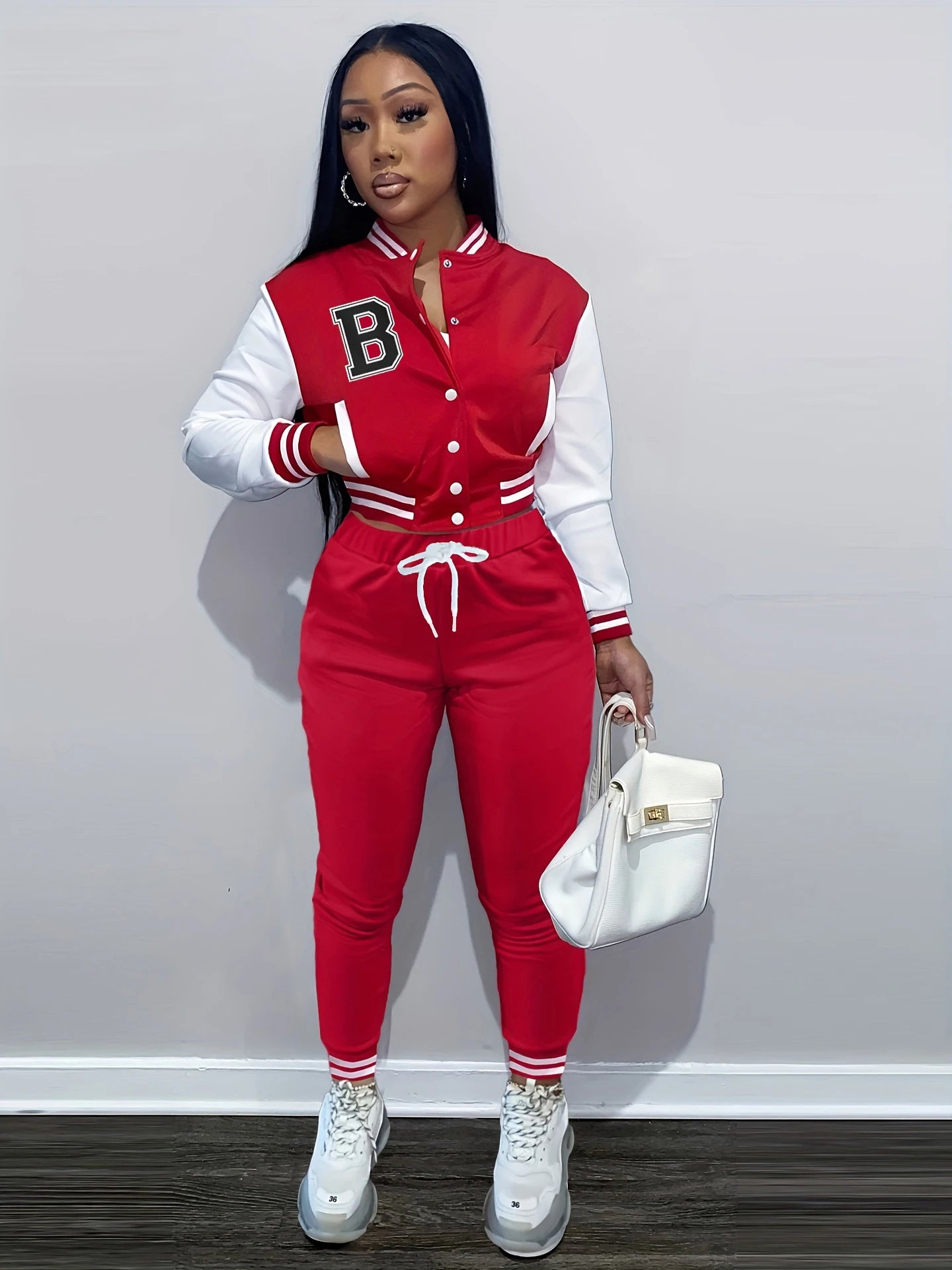 European and N Women's Wear B Monochrome Jacket Single-breasted Monochrome Printed Baseball Suit