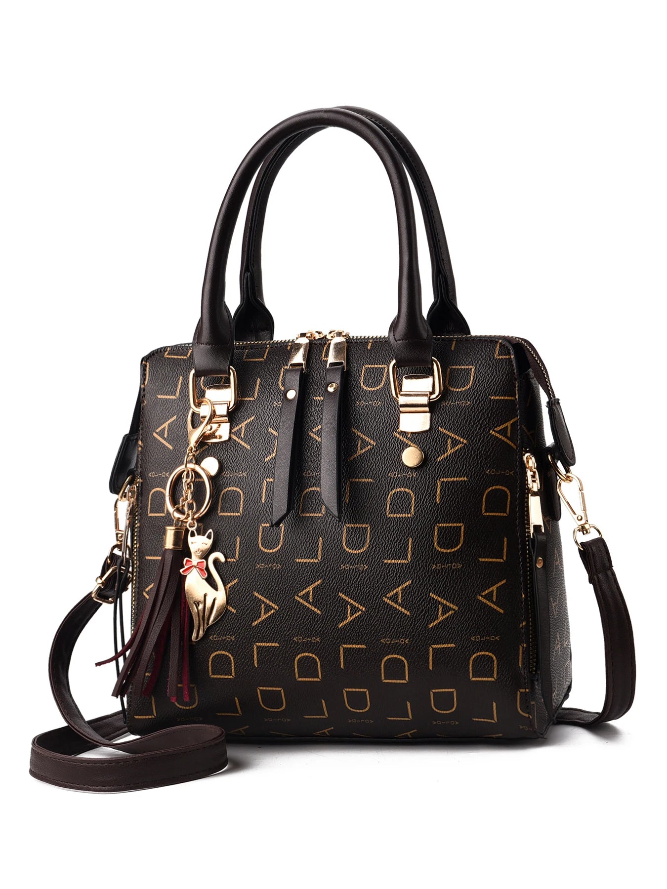 Sac à main en cuir PU avec lettres anglaises pour femmes, sac à poignée supérieure avec pompon, sac à bandoulière de luxe de grande capacité