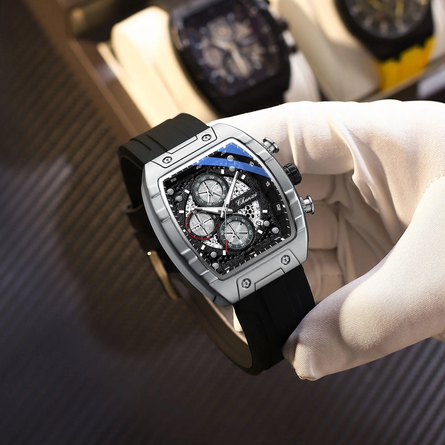 CHENXI-Montre de sport à quartz pour homme, bracelet en silicone noir, chronographe, date, marque originale, mode