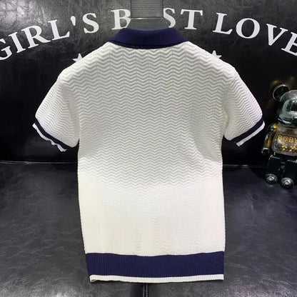 T-shirt à manches courtes en soie glacée pour hommes, pull tricoté à revers contrasté, tendance et personnalisé, décontracté, nouvelle collection été