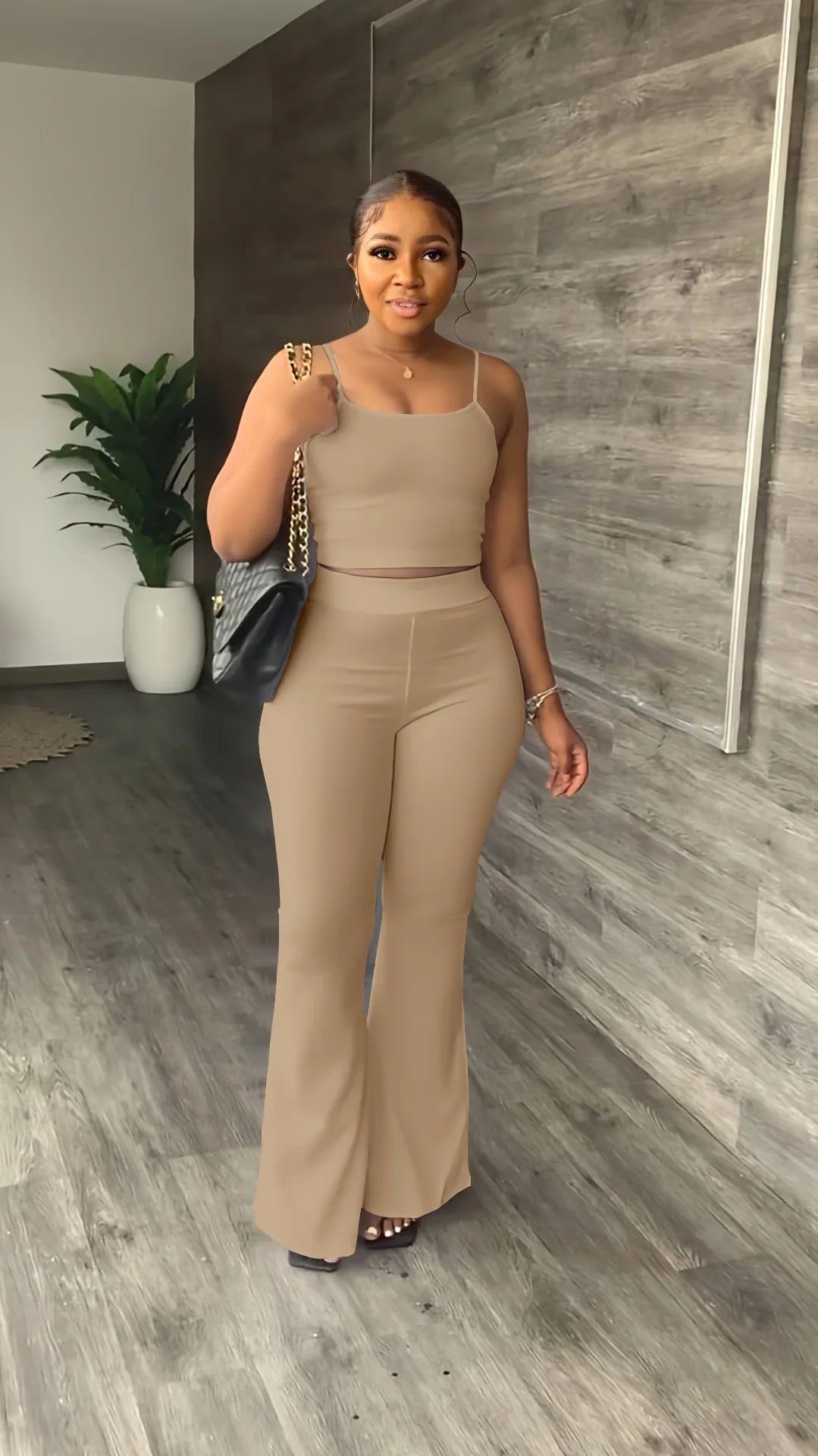 Haut court à bretelles spaghetti et pantalon évasé adt pour femmes, olympiques décontractés, ensemble deux pièces monochromes simples, tenues d'été sexy