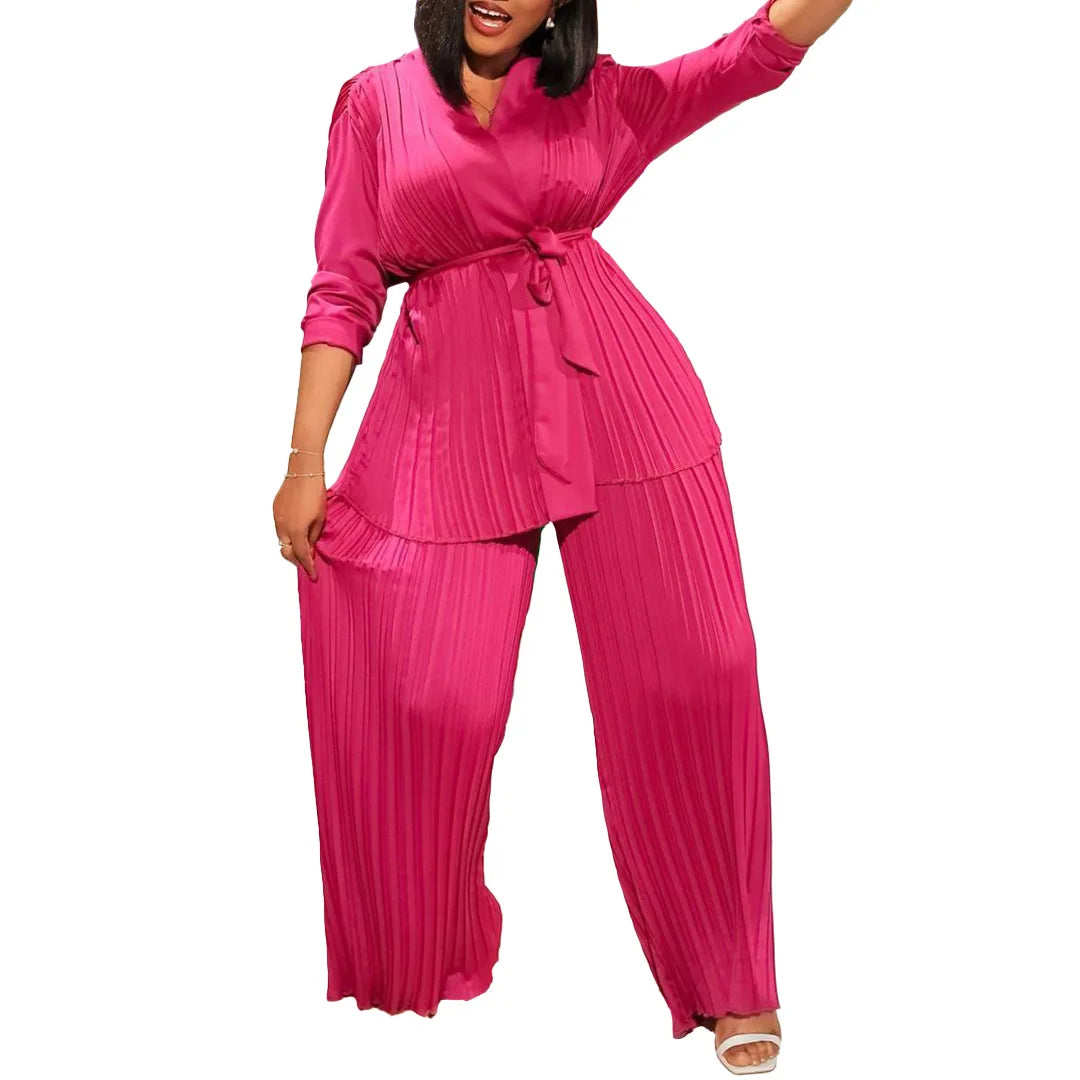 Ensemble deux pièces pour femmes africaines, mode d'été ample et plissé, chemise élégante à lacets OL, jambes larges, pantalon plissé