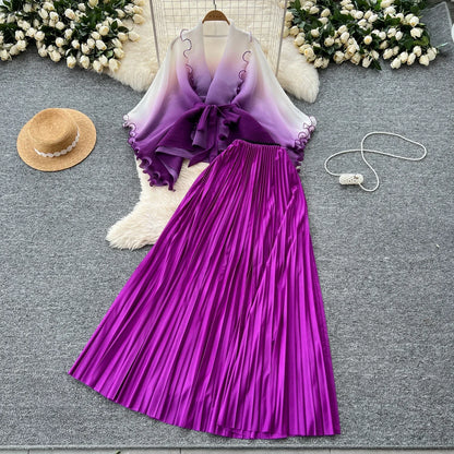 Miyake pli changement progressif couleur bord ondulé costume soleil jupe plissée à la mode et élégant deux pièces ensembles tenues pour femmes