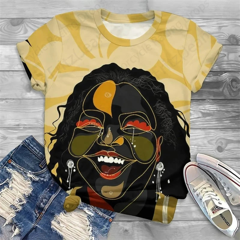 T-shirt col rond femme noir, streetwear, vintage, africain, impression 3D, mode décontractée, visage noir, baggy, t-shirts