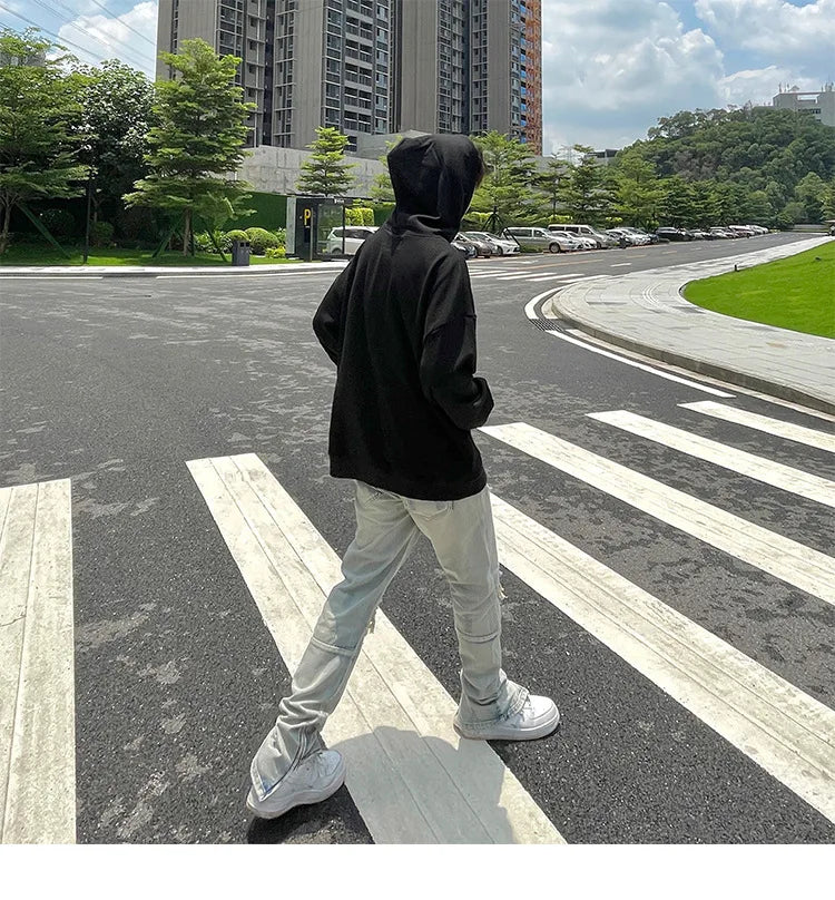 Jean à jambes larges pour homme et femme, streetwear, décontracté, déchiré, troué