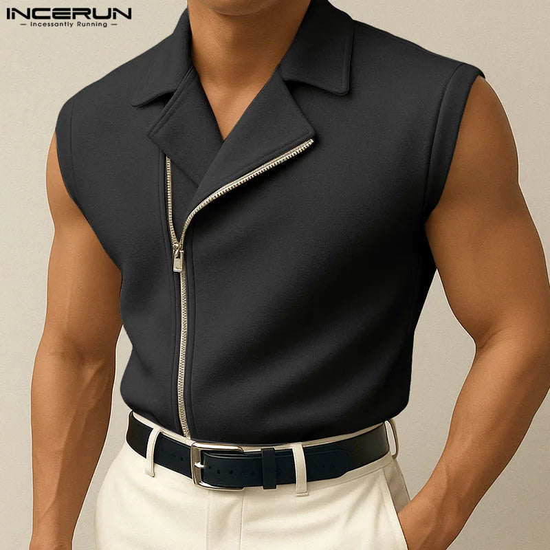 INCERUN hauts sans manche t-shirt été hommes débardeurs couleur unie fermeture éclair revers gilets hommes hauts surdimensionné vêtements pour hommes Streetwear