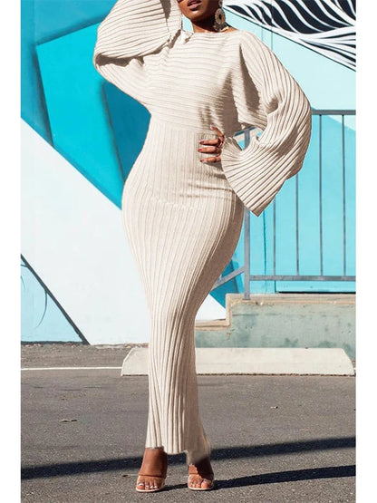 Robe longue côtelée tricotée à manches chauve-souris pour femmes, moulante, couleur unie, élégante, col rond, décontractée, mode automne, robes Vintage solides, 2024
