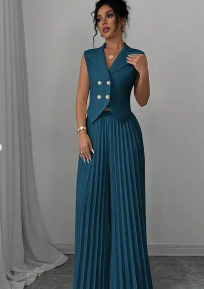 Costume de bureau pour femmes, couleur unie, décontracté, Slim, boutons, ensemble deux pièces, col rabattu, sans manches, Blazer et pantalon plissé, tenues