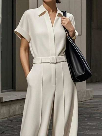 Freeacy combinaison femme blanc uni col de chemise manches courtes ceinturé jambe large une pièce costumes 2025 décontracté coupe ample combinaisons