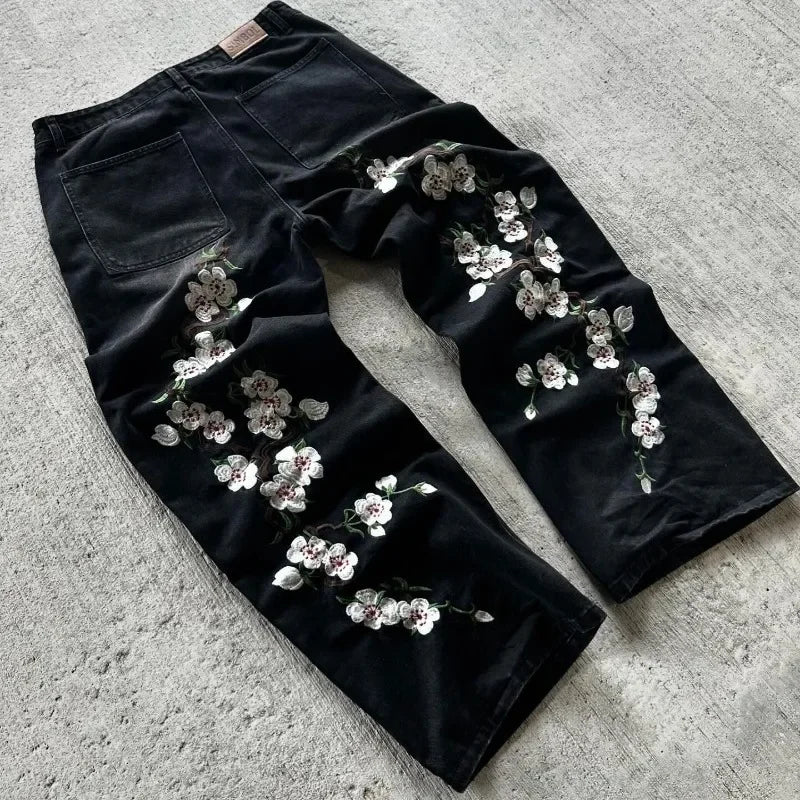 Y2K Baggy Jeans Harajuku vintage fleur de cerisier broderie haute qualité jeans streetwear Hip Hop gothique hommes femmes jeans à jambes larges