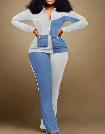 BERAKAH SUPRÊME - ensemble deux pièces femmes tenue automne Denim Look imprimé fermeture éclair conception col montant à manches longues haut et pantalons décontractés ensemble