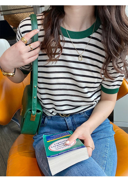 2025 hauts à rayures femmes tricoté col rond été imprimé à manches courtes décontracté Simple sauvage T-Shirt