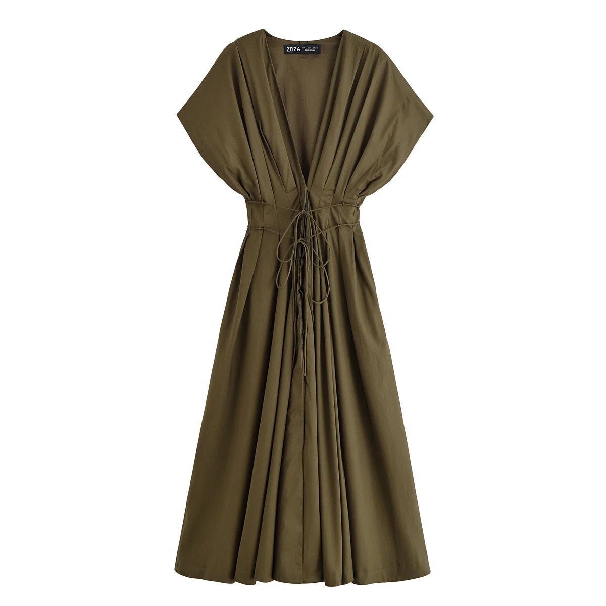 TRAFZA femmes mode d'été col en v à lacets Midi robe à manches courtes femme élégante dos nu plissé Sexy taille longue robe