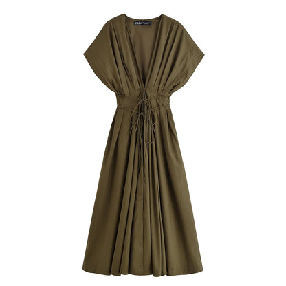 TRAFZA femmes mode d'été col en v à lacets Midi robe à manches courtes femme élégante dos nu plissé Sexy taille longue robe