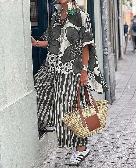 2025 femmes décontracté nouvelle impression ample deux pièces ensembles 2025 printemps et été revers manches courtes ensemble femme mode 2 pièces ensemble