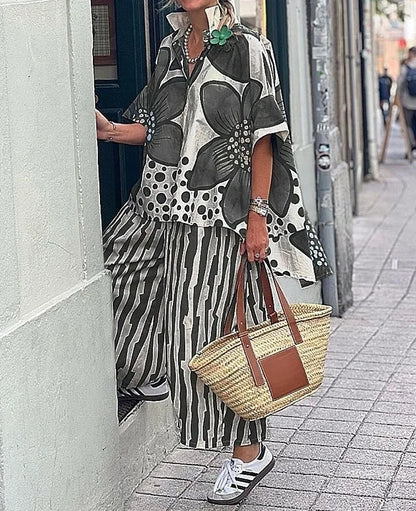 2025 femmes décontracté nouvelle impression ample deux pièces ensembles 2025 printemps et été revers manches courtes ensemble femme mode 2 pièces ensemble