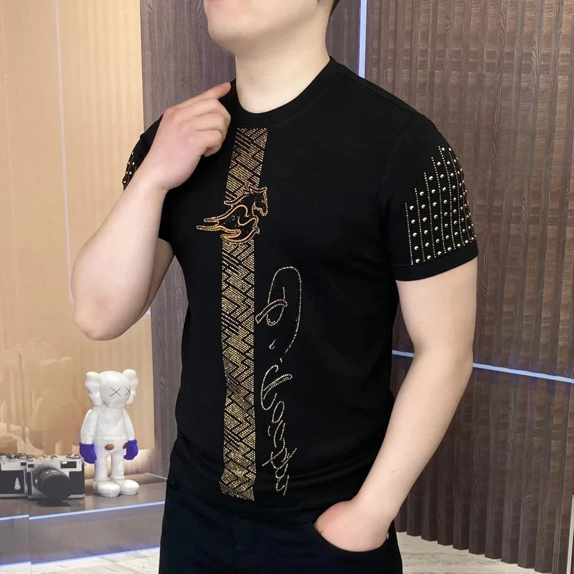 Luxe strass T-shirt à manches courtes pour hommes été col rond coupe ajustée décontracté T-shirt Social Streetwear T-shirt hauts M-5XL